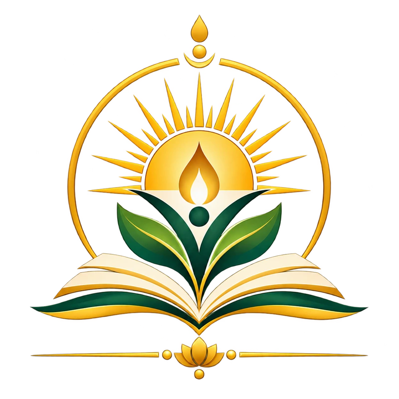 Jeevanashaala emblem: an open book, green leaves, a rising sun and a central flame